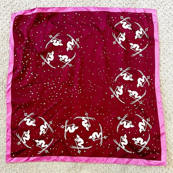 Vintage Burgundy Silk Scarf Women Skiing Winter Sports Retro White Pink Classic - Picture 1 of 8